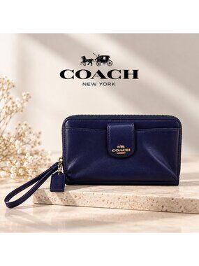 Coach Women's vavy Leather Zip Around Wristlet Wallet Gold Hardware